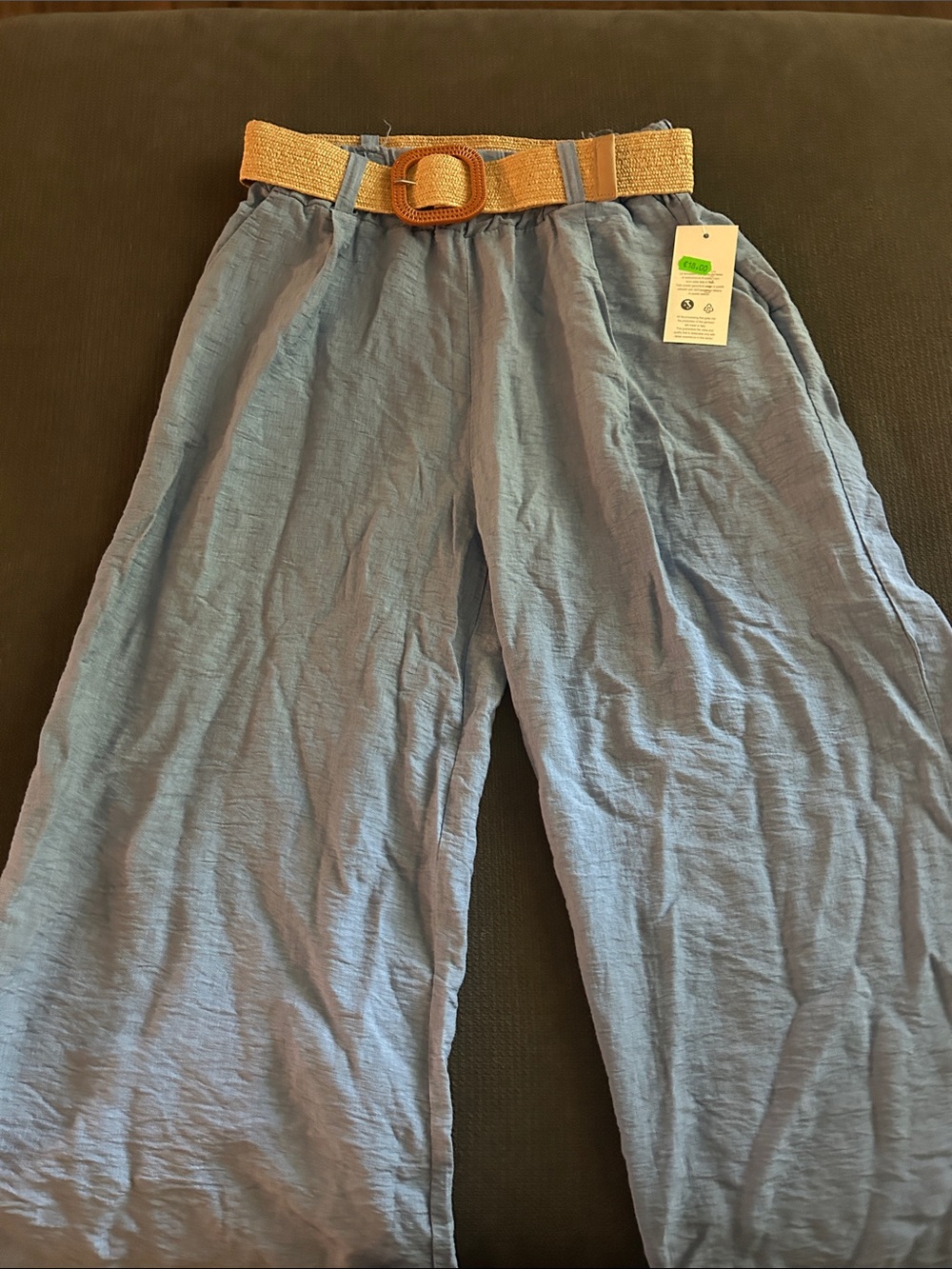 Wide-Leg Linen-Blend Pants with Woven Tan Belt - Light Blue